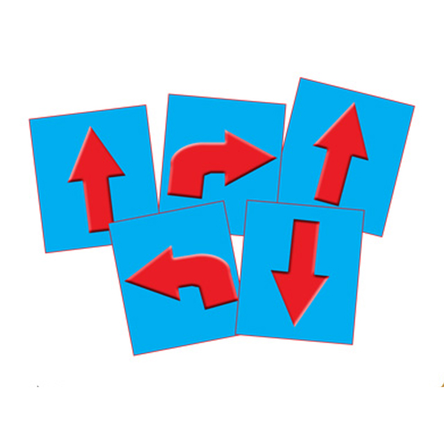 Fem rektangulära animerade kort i blått med röda bilar på